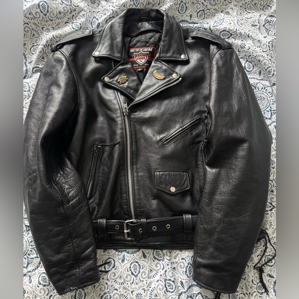Interstate Leather Motorcycle Biker Jacket Zip Out Quilted Liner. Men SZ 52